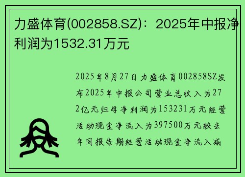 力盛体育(002858.SZ):2025年中报净利润为1532.31万元 力盛体育(002858.SZ):2025年中报净利润为1532.31万元