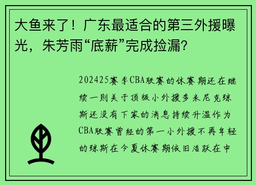 大鱼来了!广东最适合的第三外援曝光,朱芳雨“底薪”完成捡漏? 大鱼来了!广东最适合的第三外援曝光,朱芳雨“底薪”完成捡漏?